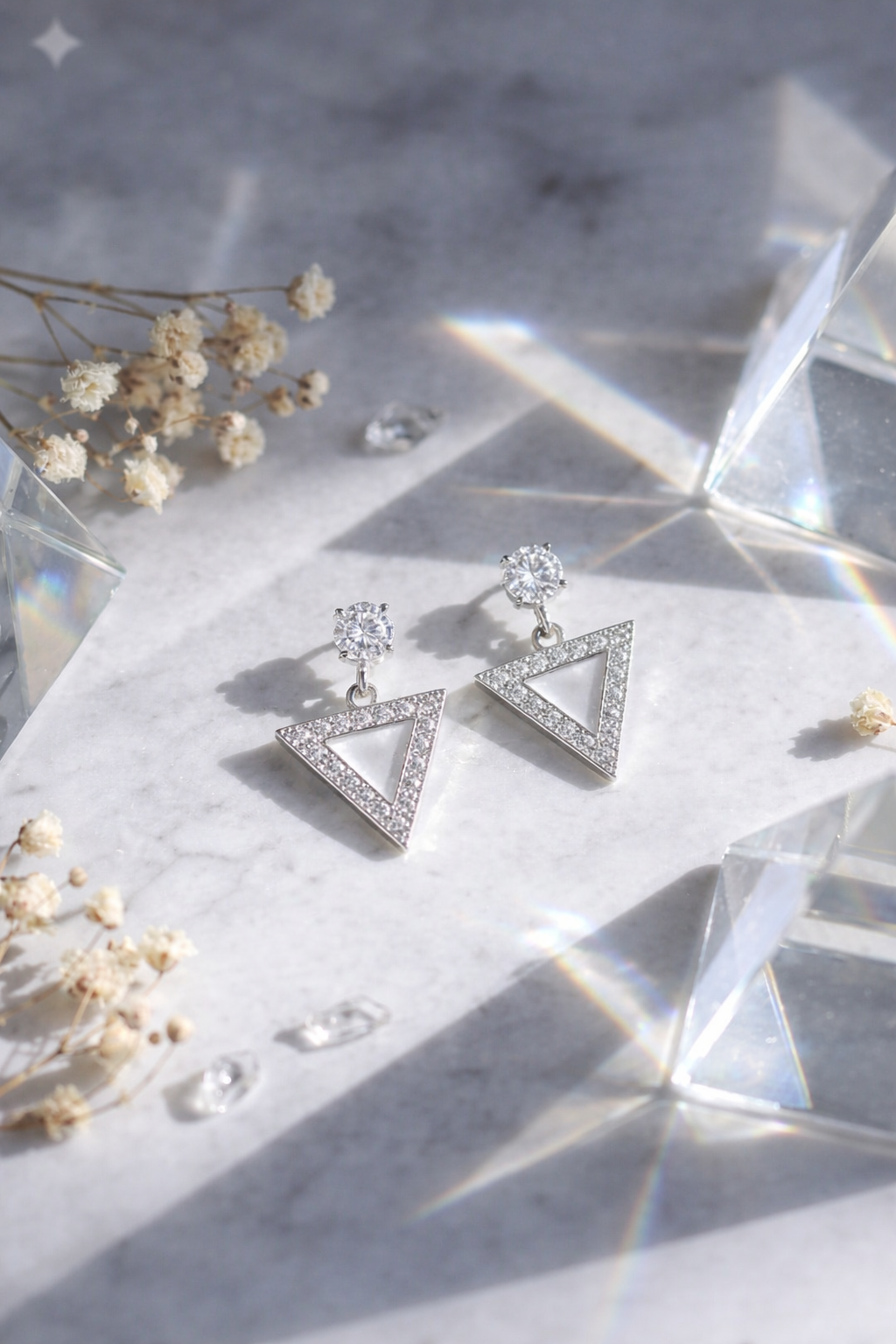 Elegant Triangle Diamond Stud Earrings for Women | Black, Pink & Green Stone Variants